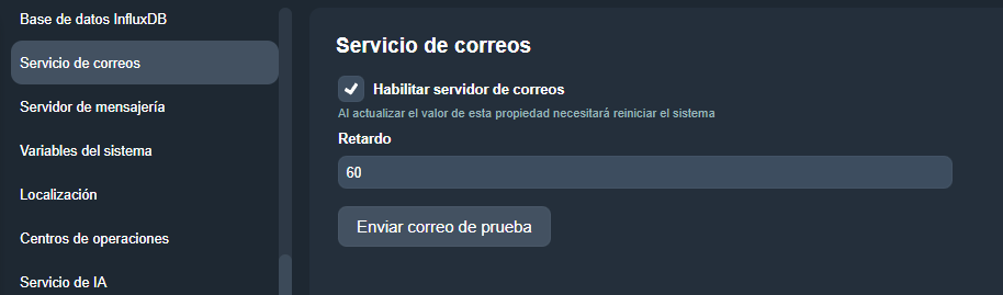 Pestaña Servicio de correos en el módulo Configuración del sistema