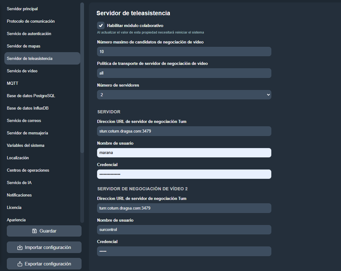 Pestaña Servicio de teleasistencia en el módulo Configuración del sistema