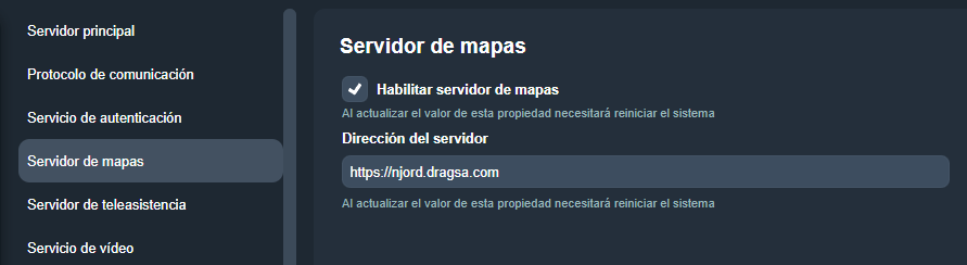 Pestaña Servidor de mapas en el módulo Configuración del sistema