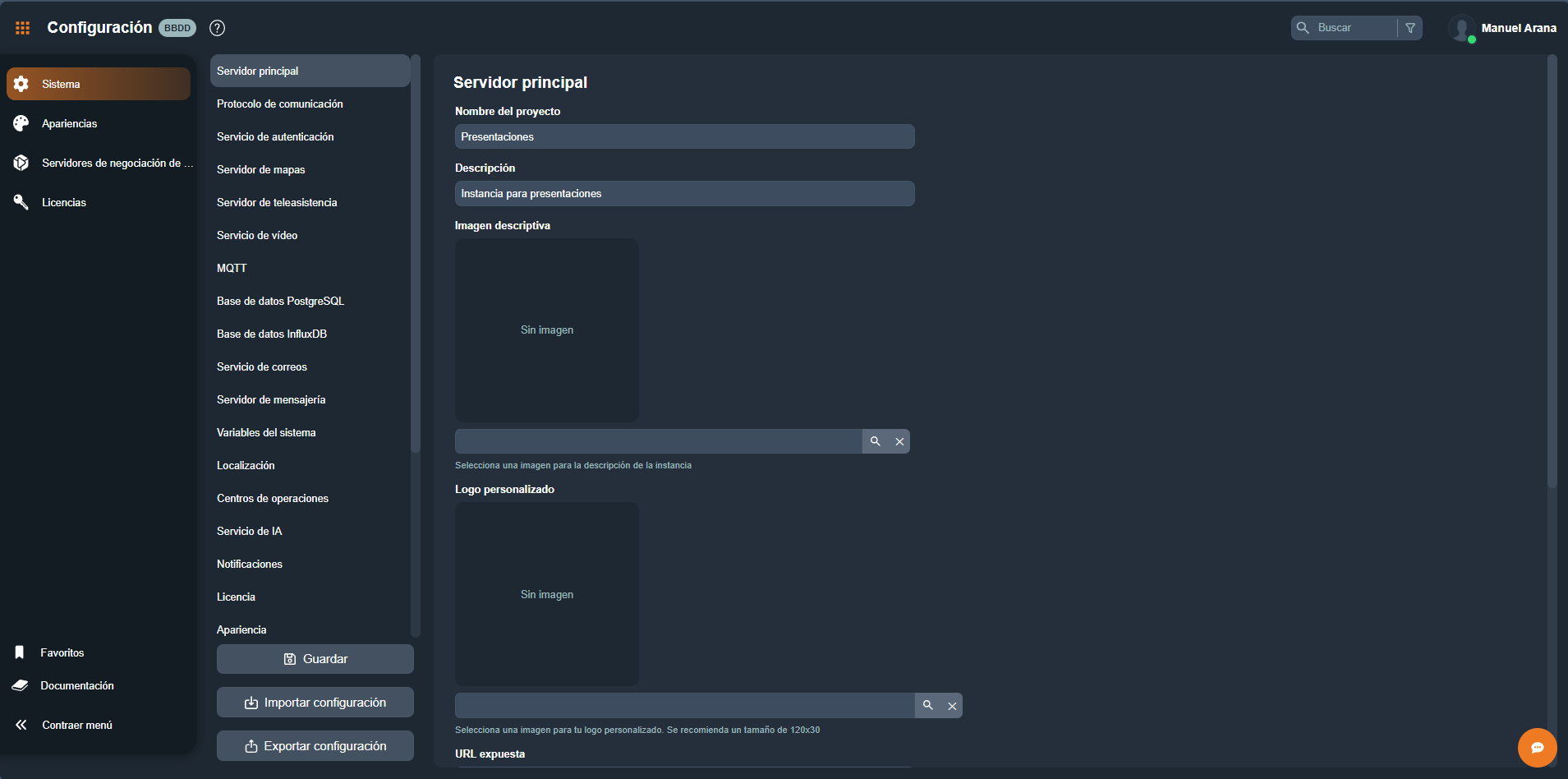 Pestaña Servidor principal en el módulo Configuración del sistema
