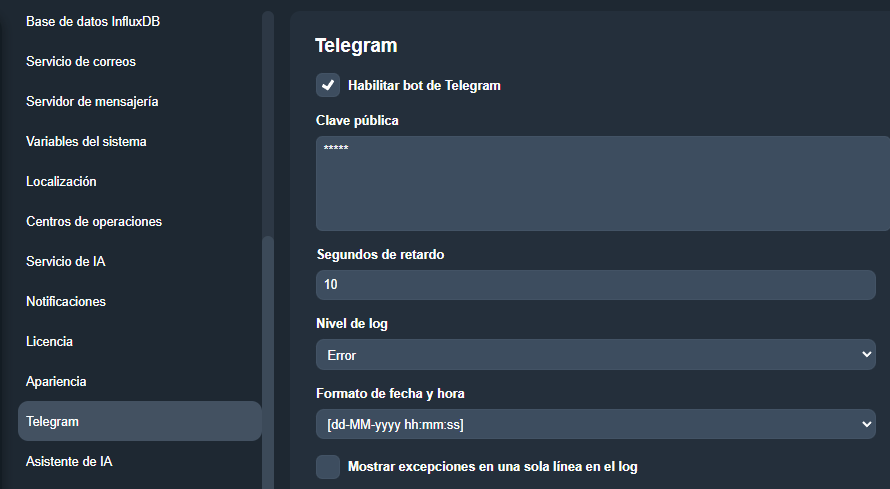 Pestaña Telegram en el módulo Configuración del sistema