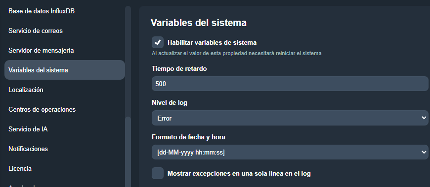 Pestaña Variables del sistema en el módulo Configuración del sistema