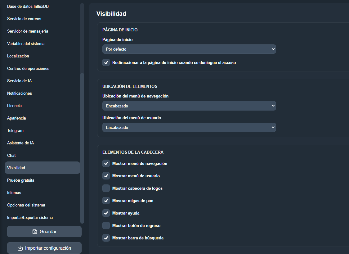 Pestaña Visibilidad en el módulo Configuración del sistema