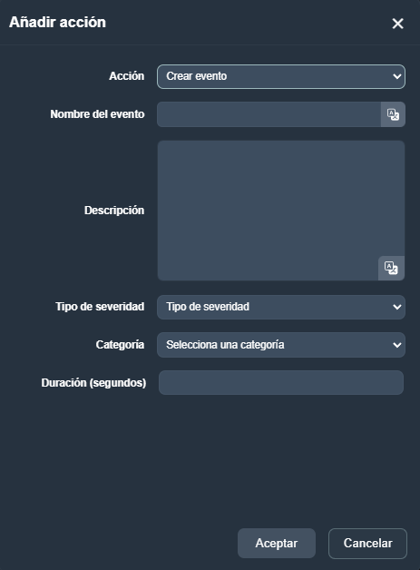 Menu crear acción en la interfaz gráfica de Dragsa