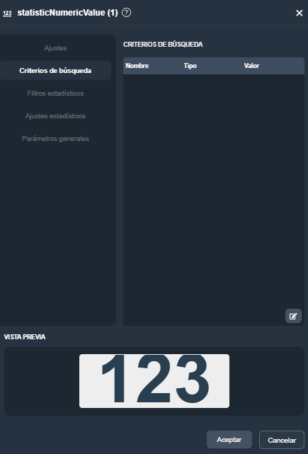 Modal del elemento indicador numérico estadístico en el módulo informes de Dragsa