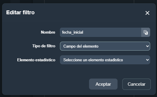 Modal del tipo de criterio Campo del elemento en el módulo paneles de Dragsa