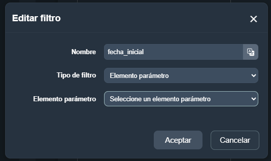 Modal del tipo de criterio Elemento parámetro en el módulo paneles de Dragsa