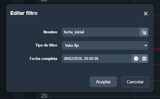 Modal del tipo de criterio Valor fijo en el módulo paneles de Dragsa