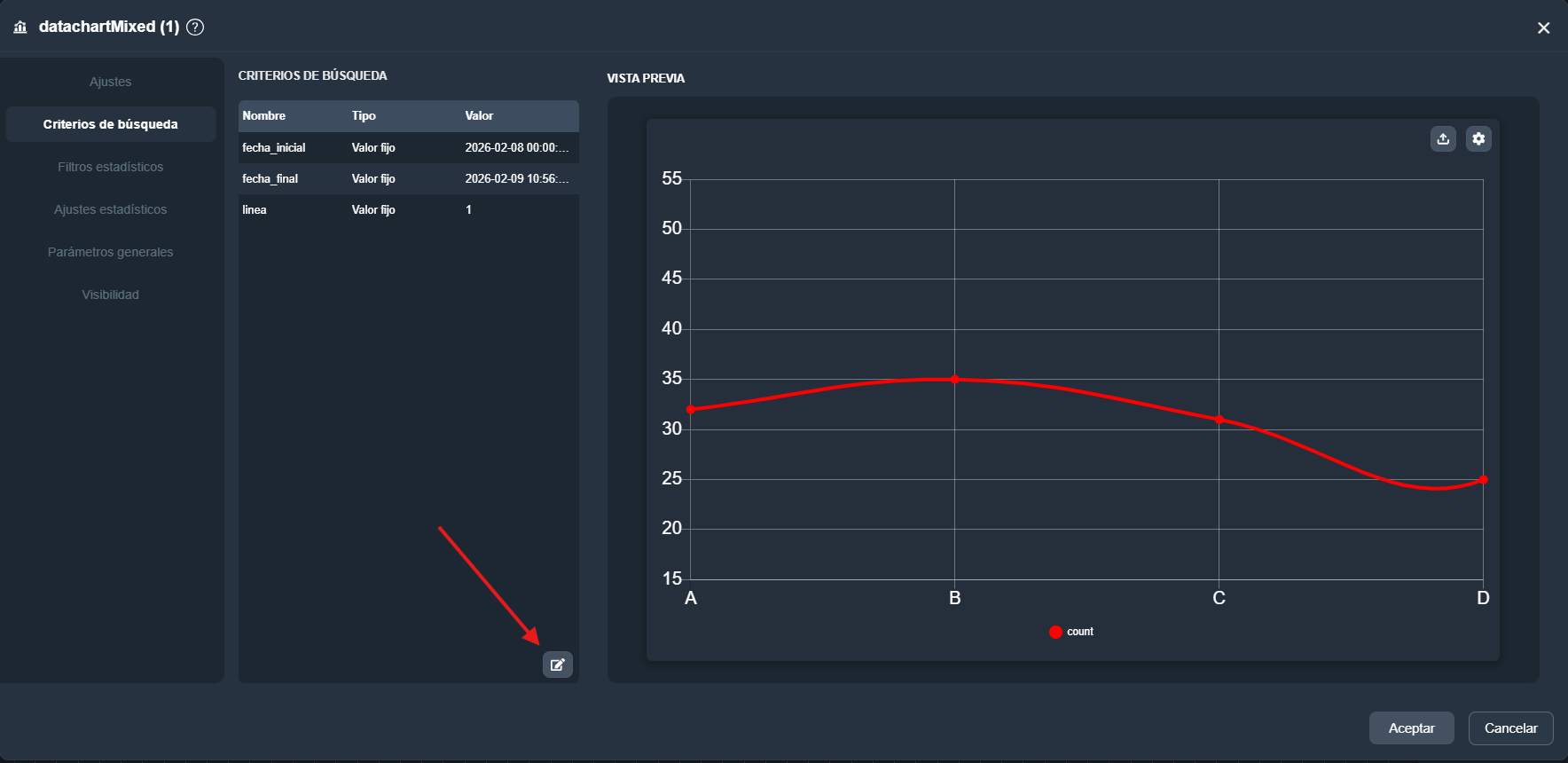 Referencia visual de la pestaña Criterios de búsqueda indicando el icono para editar un criterio en el módulo paneles de Dragsa