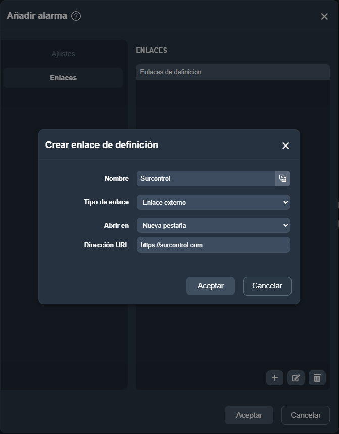 Modal para crear un nuevo enlace en la definición de una alarma en Dragsa