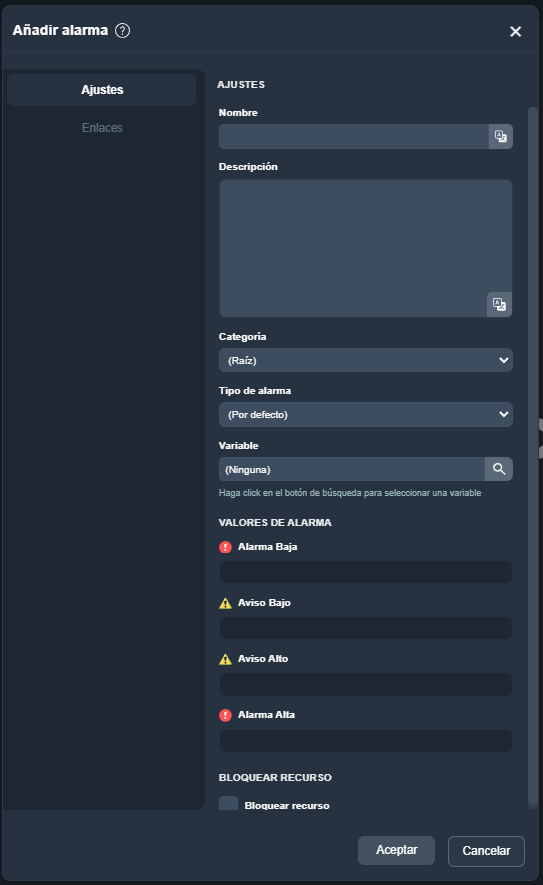 Ajustes añadir alarma en la interfaz gráfica de Dragsa