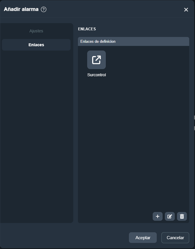 Vista general de la pestaña Enlaces en la definición de una alarma en Dragsa