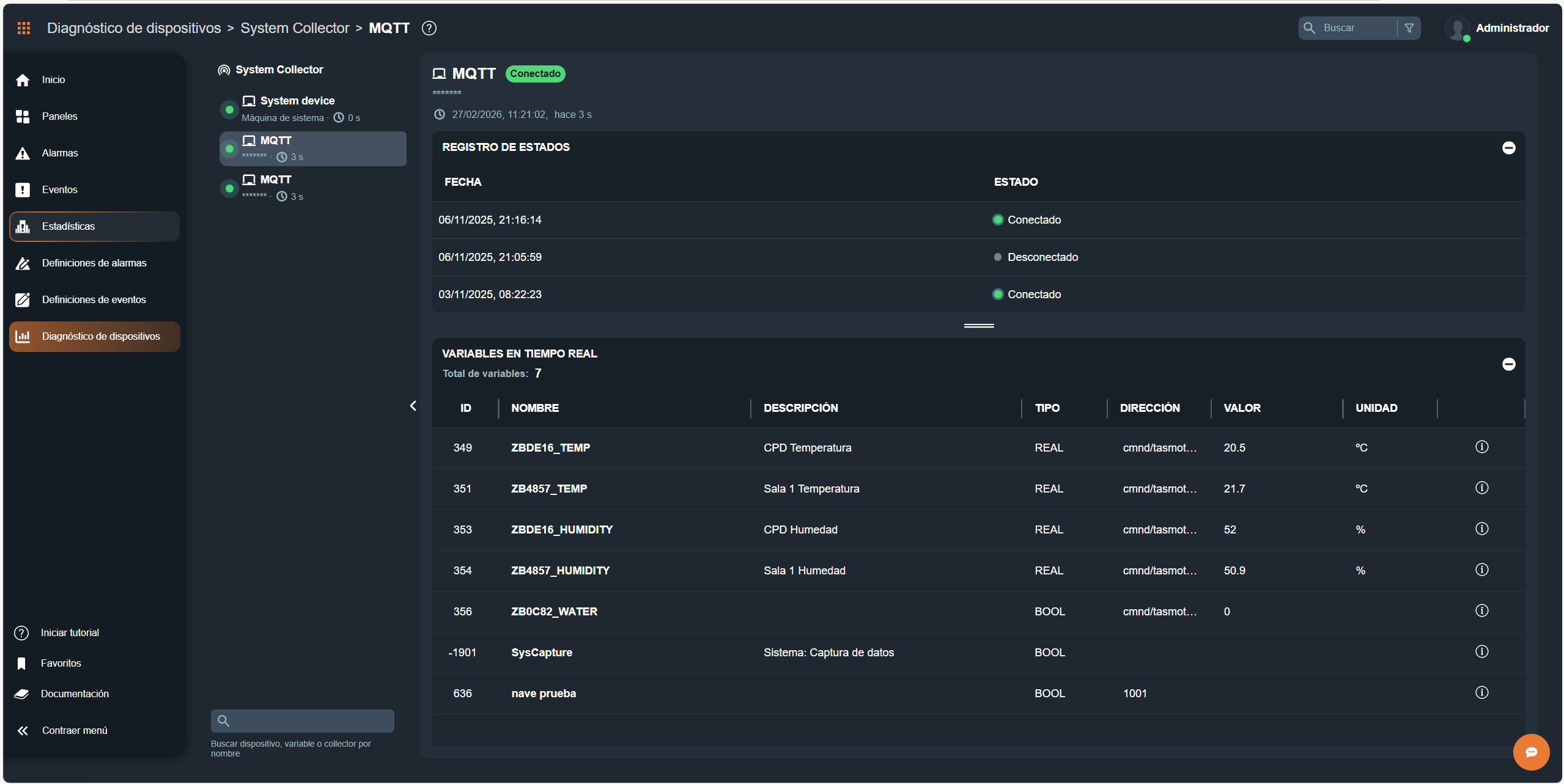 Diagnostico de Dispositivos de la interfaz gráfica de Dragsa en tiempo real
