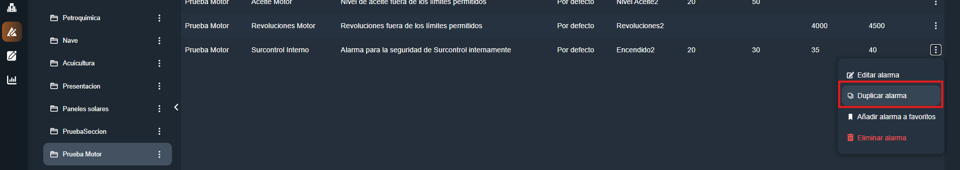Clonar alarma en la interfaz gráfica de Dragsa