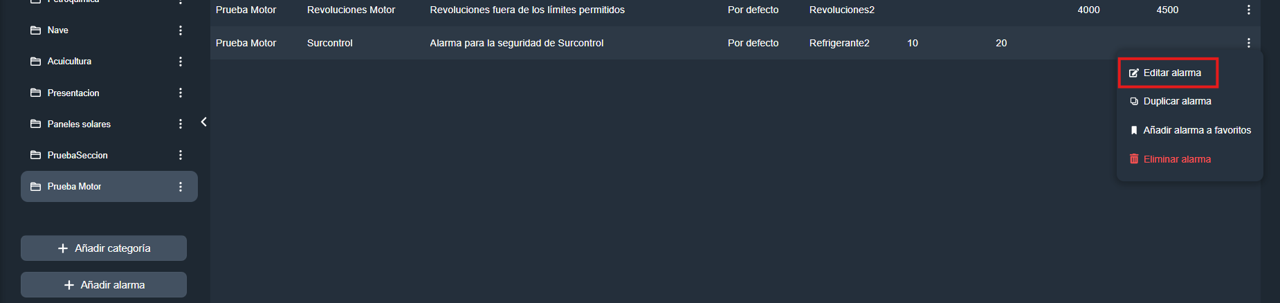Editar alarma en la interfaz gráfica de Dragsa