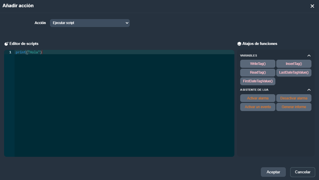 Editor de Scripts en la interfaz gráfica de Dragsa