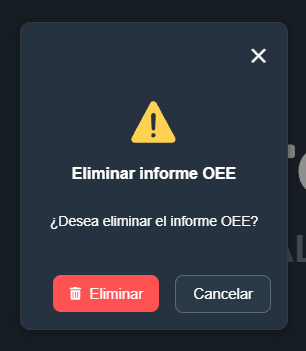 Aviso eliminar OEE en modulo OEE de interfaz gráfica en Dragsa