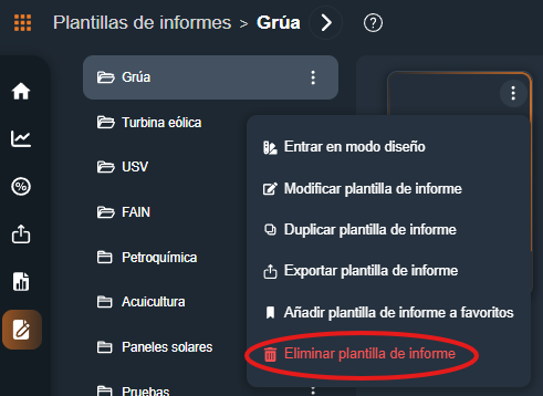eliminar plantilla de informes en la interfaz gráfica de Dragsa