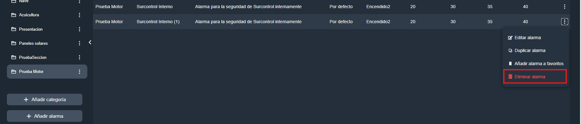 Eliminar alarma en la interfaz gráfica de Dragsa