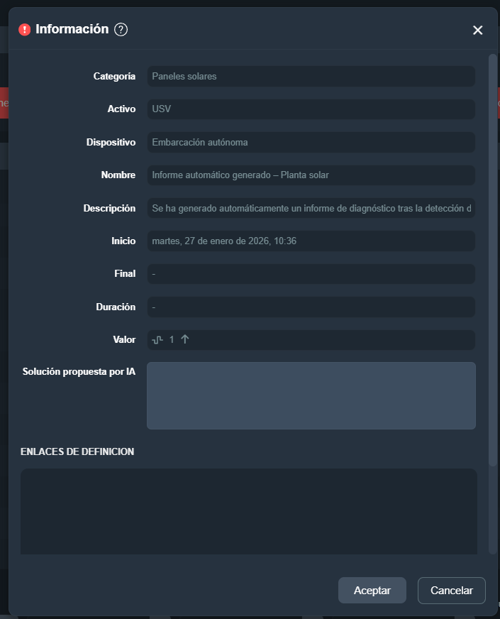 Información detallada de evento en la interfaz gráfica de Dragsa