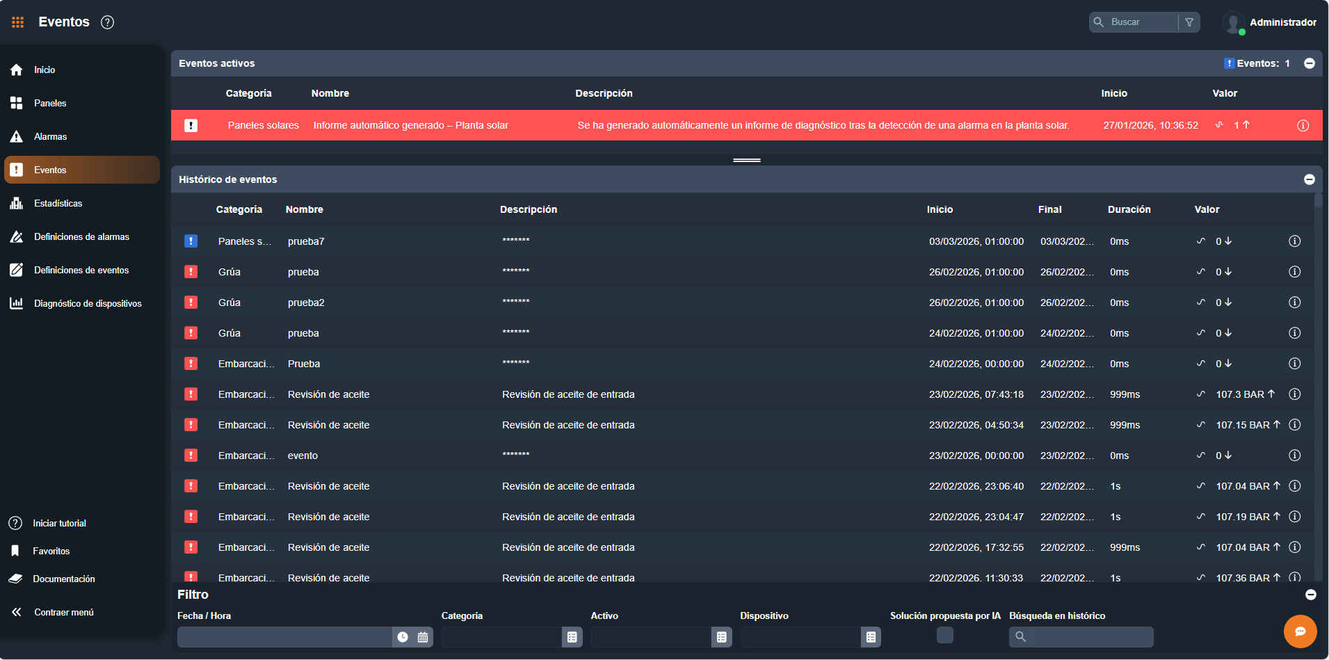 Listado de eventos en la interfaz gráfica de Dragsa