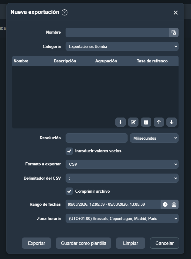 Ventana Nueva exportación en el módulo de Exportación de datos de Dragsa