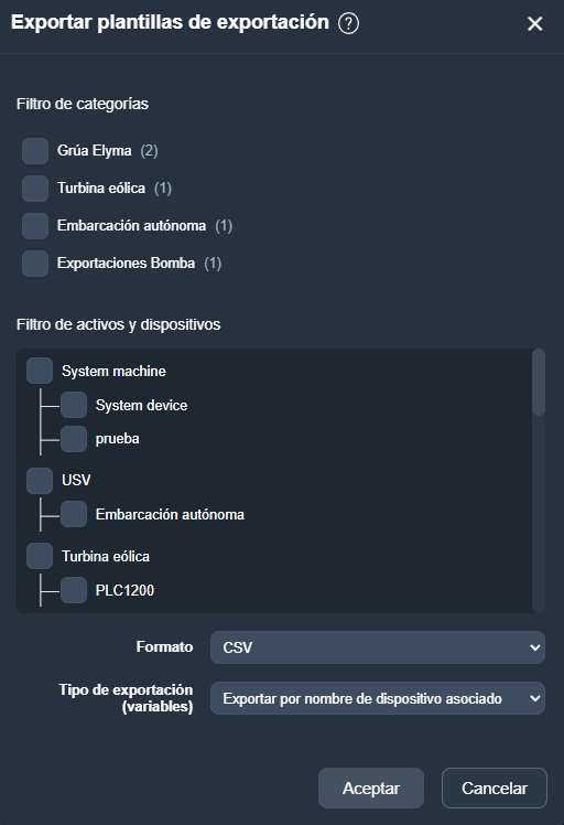 Datos exportados a la página
