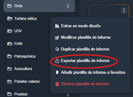 exportar plantilla de informes en la interfaz gráfica de Dragsa