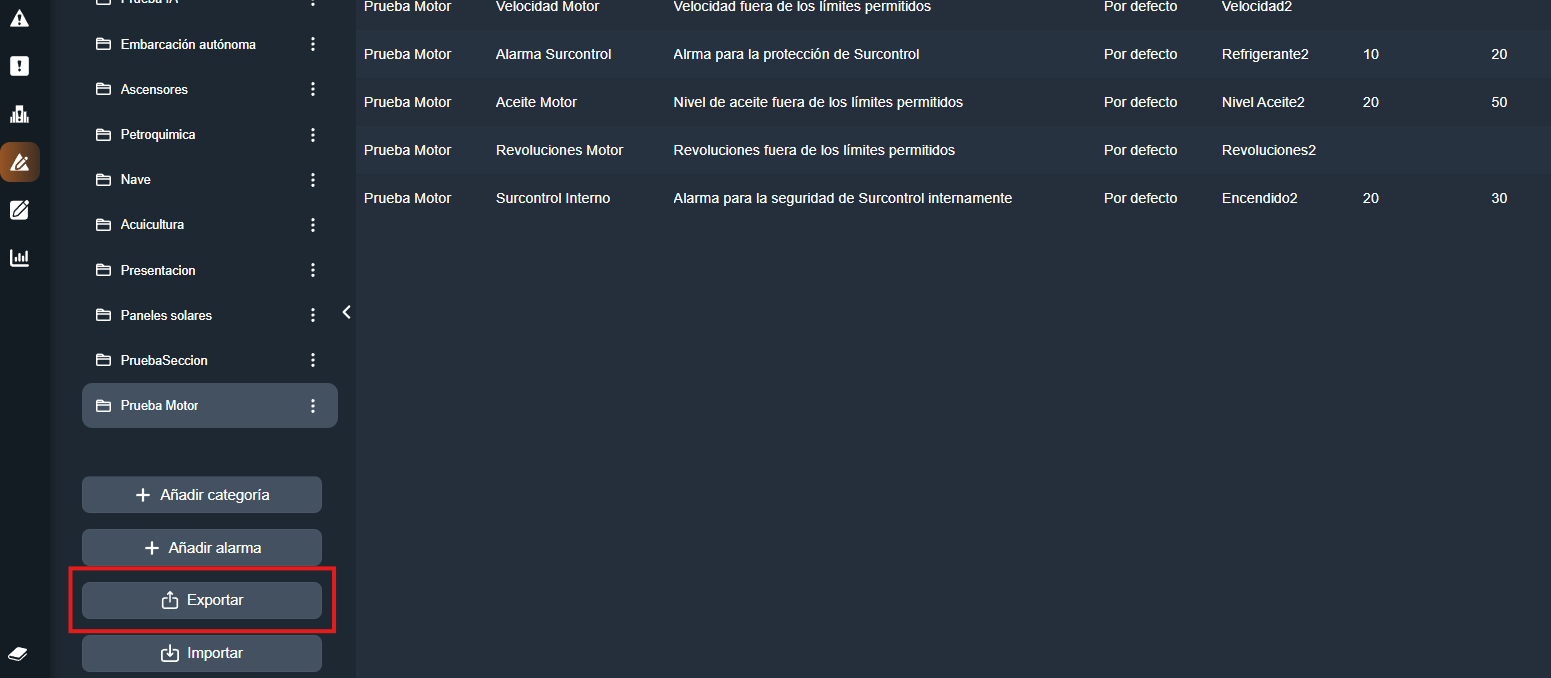 Exportar alarma en Dragsa