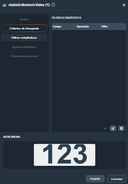 Modal del elemento indicador numérico estadístico en el módulo informes de Dragsa