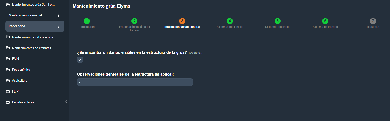 Paso Inspección visual general con comprobaciones y campo de observaciones