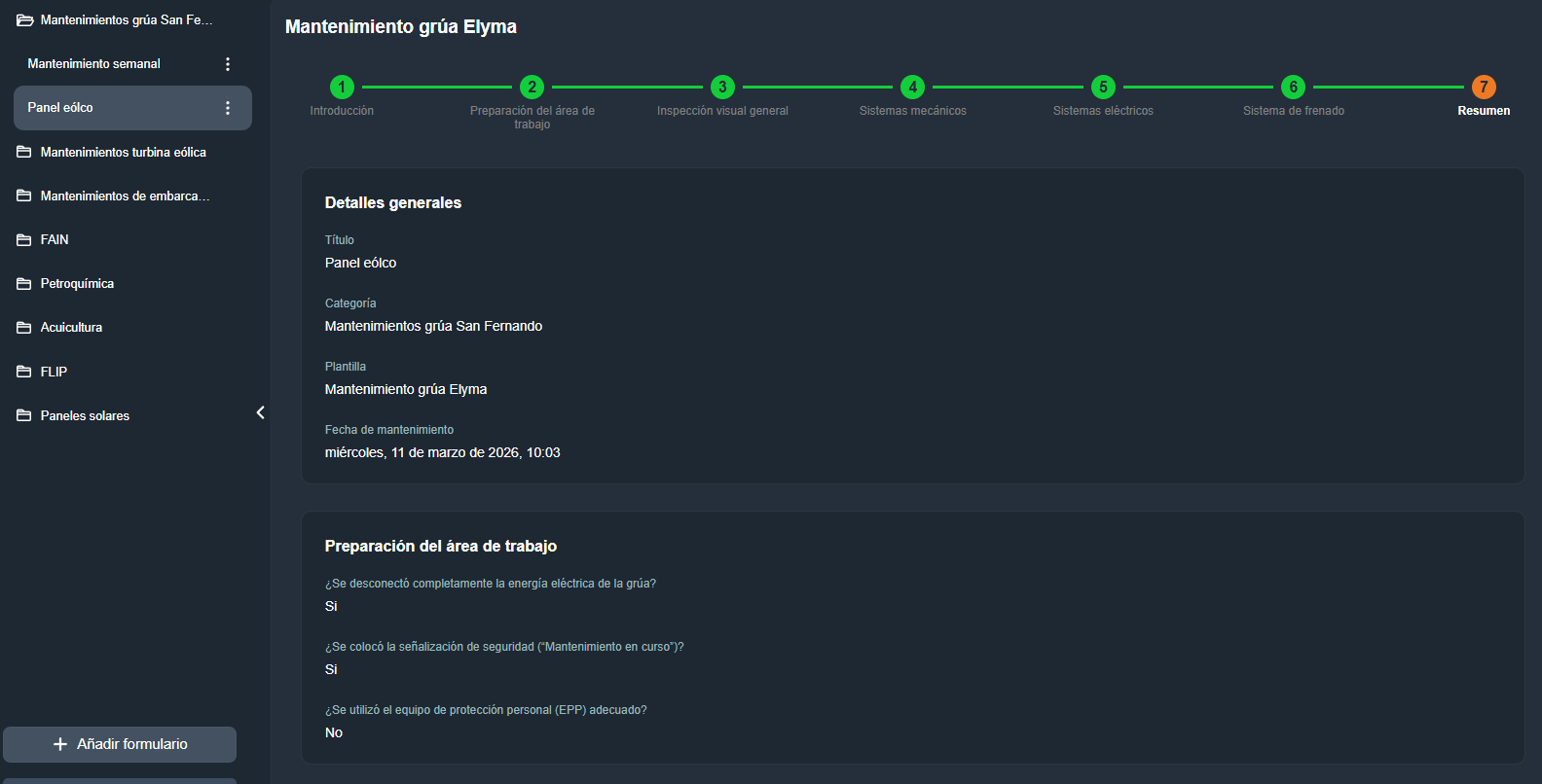 Resumen del mantenimiento con detalles generales y resultados de cada sección