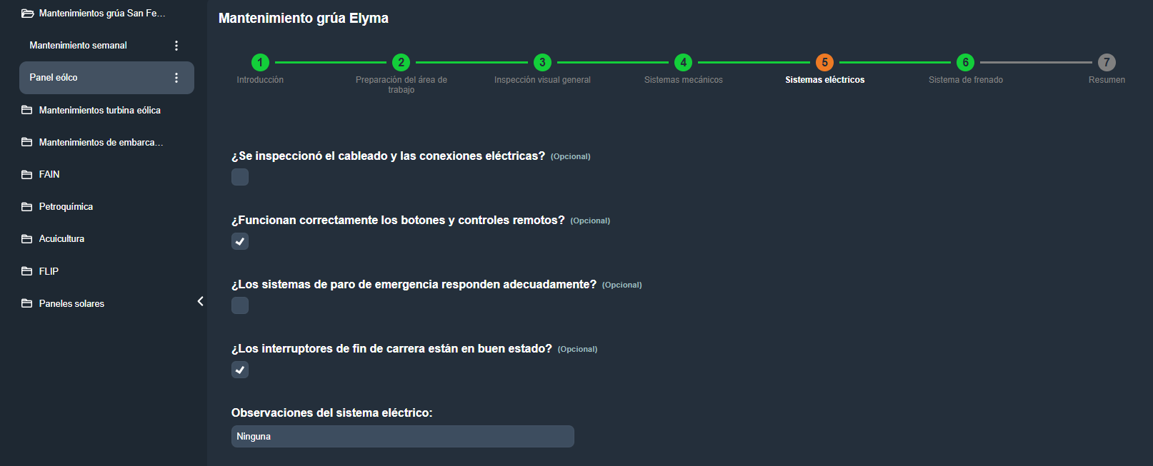 Paso Sistemas eléctricos con comprobaciones de cableado, controles, emergencia y fin de carrera