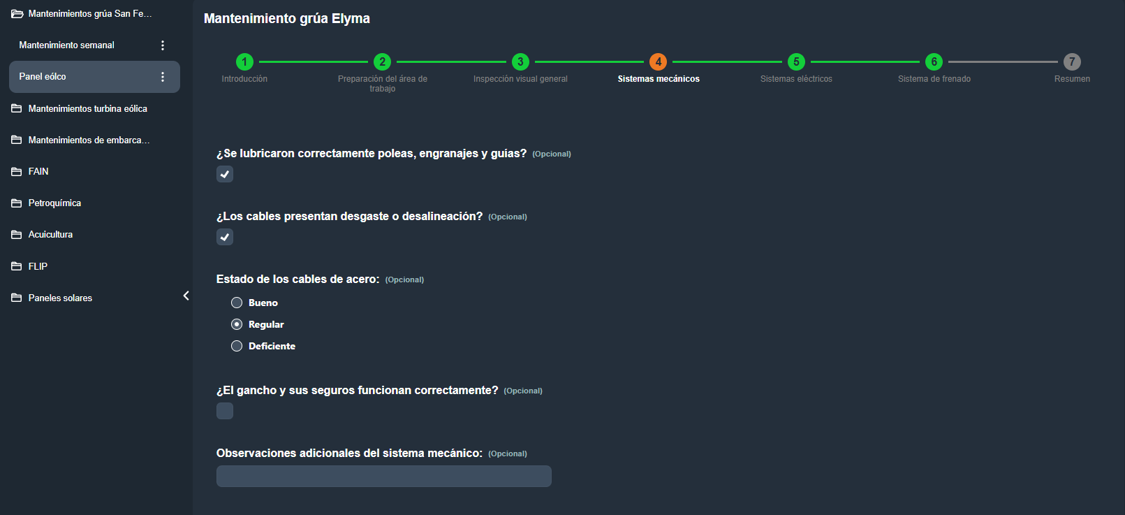 Paso Sistemas mecánicos con comprobaciones, estado de cables y observaciones adicionales