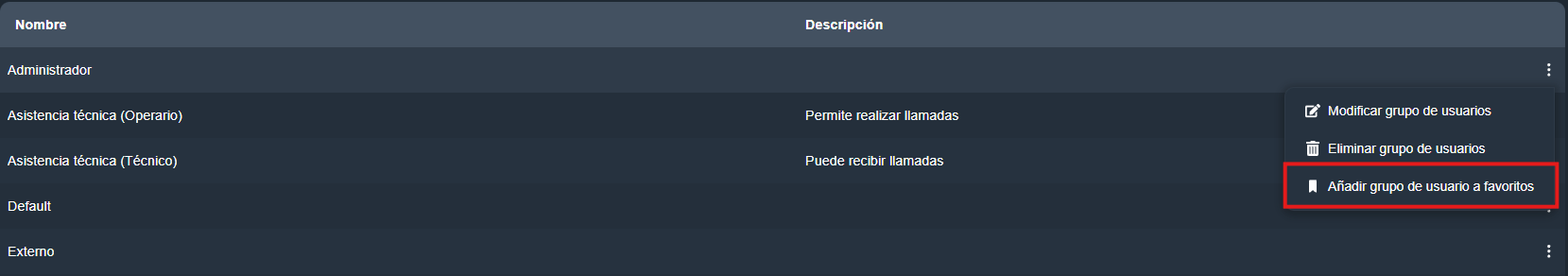 Opción Añadir grupo de usuario a favoritos en el menú de acciones