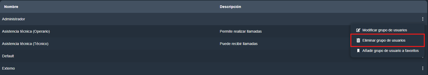 eliminar grupo de usuarios en la interfaz gráfica de Dragsa