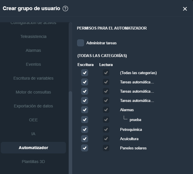 Permisos automatizador en grupo de usuarios en la interfaz gráfica de Dragsa