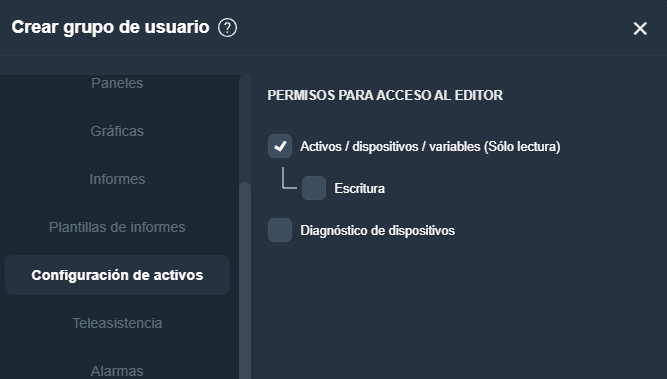 permisos de gestión de editores en grupo de usuarios en la interfaz gráfica de Dragsa