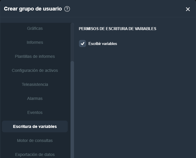 permisos de gestión de editores de escritura de variables en grupo de usuarios en la interfaz gráfica de Dragsa