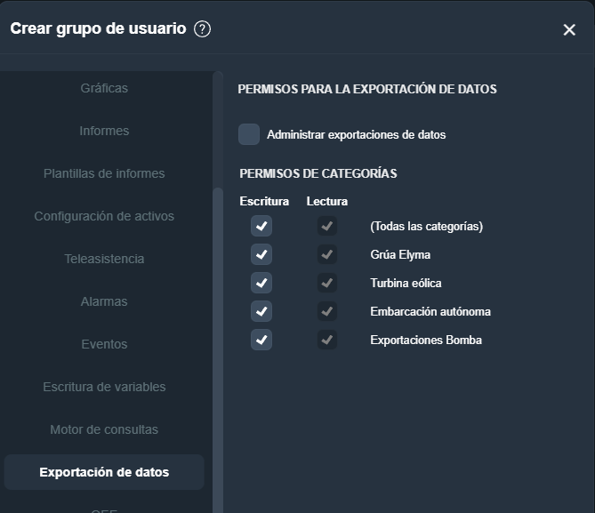 Permisos de exportación de datos en grupo de usuarios en la interfaz gráfica de Dragsa