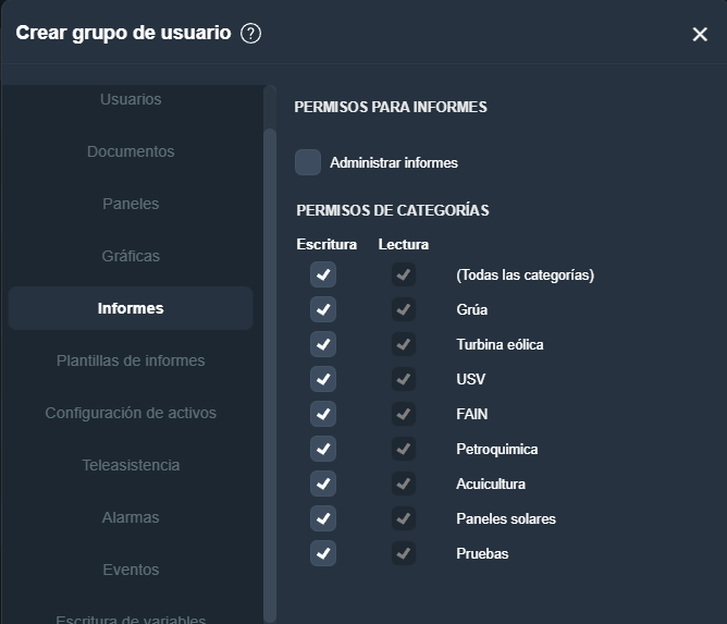 permisos de gestión de informes en grupo de usuarios en la interfaz gráfica de Dragsa
