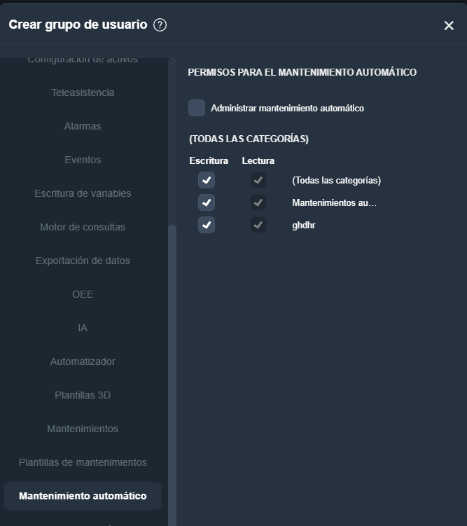 Pestaña Mantenimiento automático del modal Crear grupo de usuario mostrando permisos por categorías