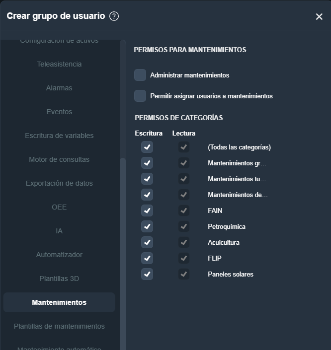 Pestaña Mantenimientos del modal Crear grupo de usuario con permisos por categorías