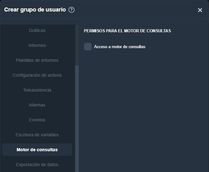 Permisos de motor de consultas en grupo de usuarios en la interfaz gráfica de Dragsa