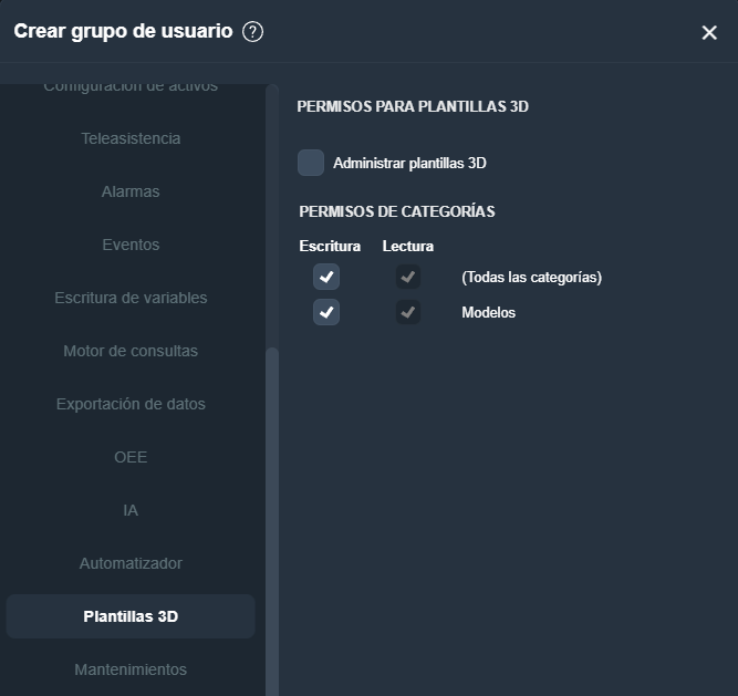 Pestaña Plantillas 3D del modal Crear grupo de usuario mostrando permisos por categoría