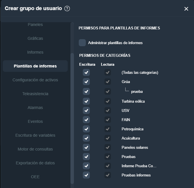 permisos de gestión de plantillas de informes en grupo de usuarios en la interfaz gráfica de Dragsa