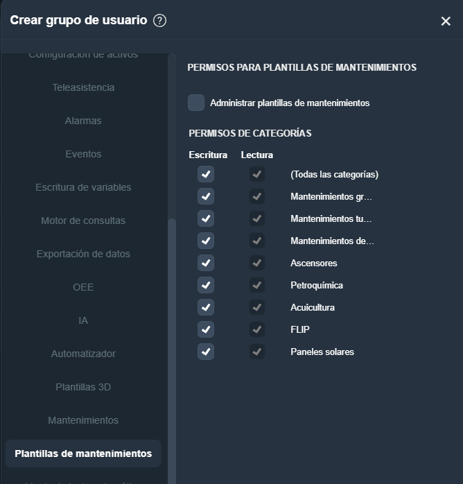 Pestaña Plantillas de mantenimientos del modal Crear grupo de usuario