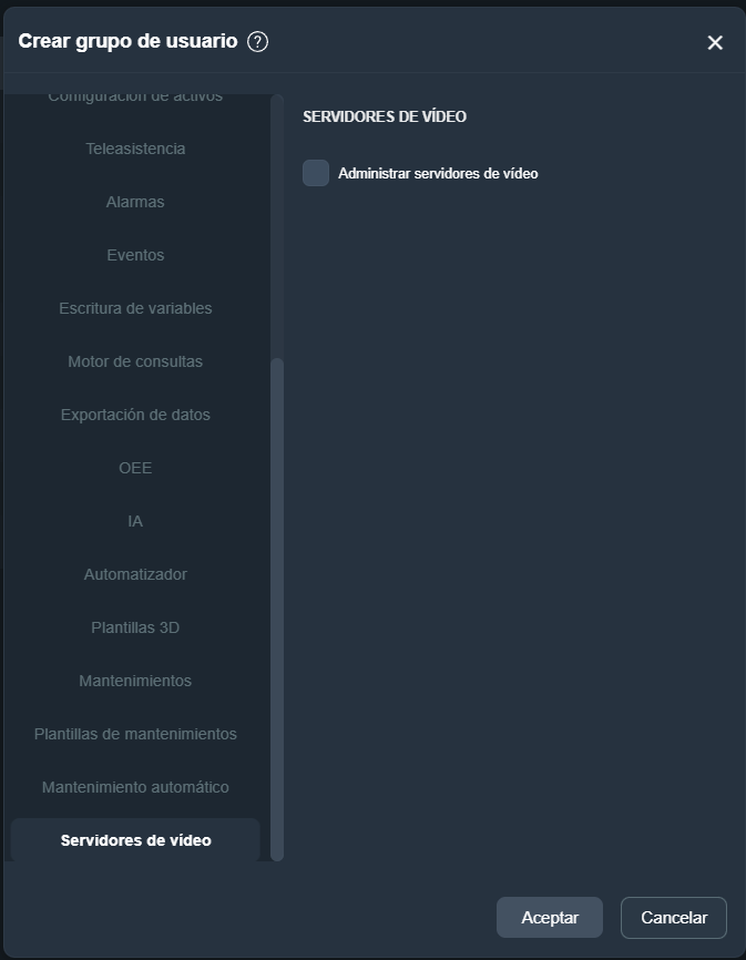 Pestaña Servidores de vídeo del modal Crear grupo de usuario mostrando permisos
