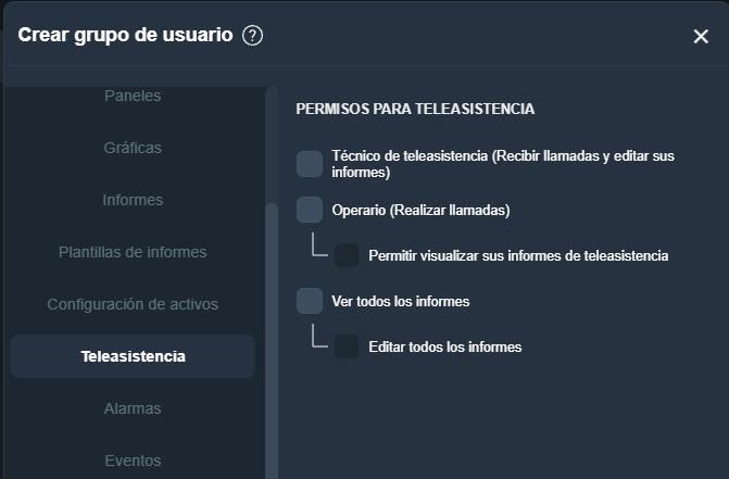 permisos de gestión de teleasistencia en grupo de usuarios en la interfaz gráfica de Dragsa