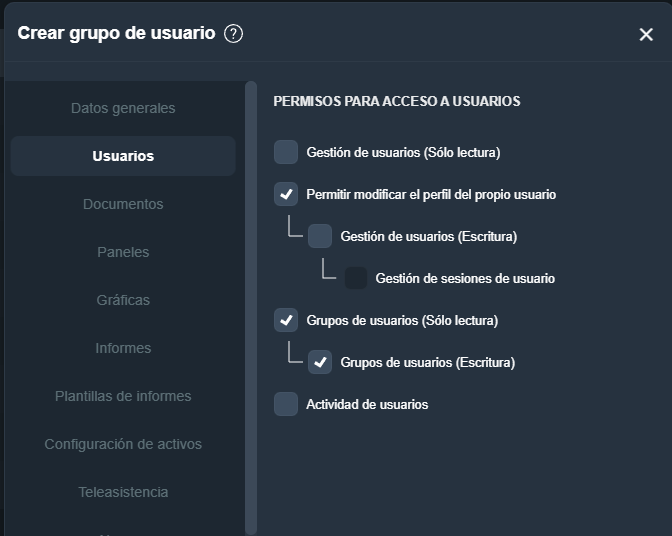 permisos de gestión de usuarios en grupo de usuarios en la interfaz gráfica de Dragsa